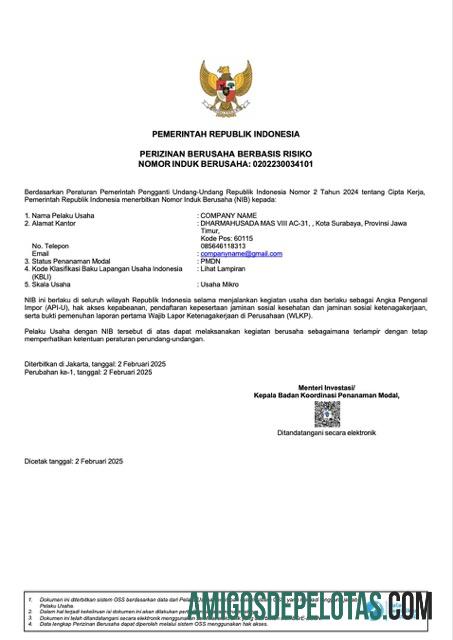 Certificado de Incorporação da Indonésia em branco modelo Word e PDF